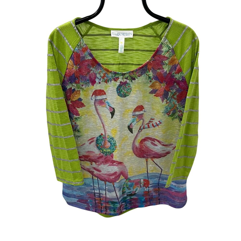 Ellen Negley Art & Sol Christmas Flamingo Shirt Lime Green L Large